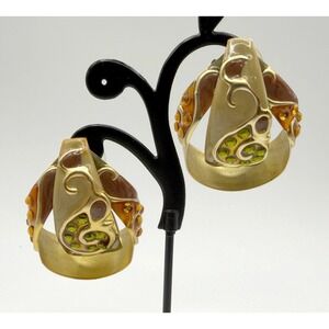 Gold Tone Resin Inlay Stone Earrings 2" Sculptural Statement